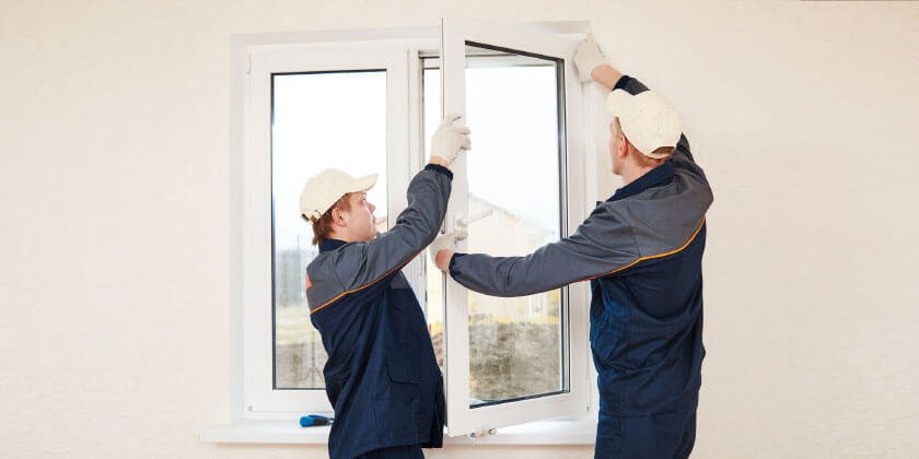 Two workers from a Boston construction company installing a new window in a building.